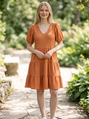 JDY Orange Tiered V-Neck Puff Sleeve Dress size medium